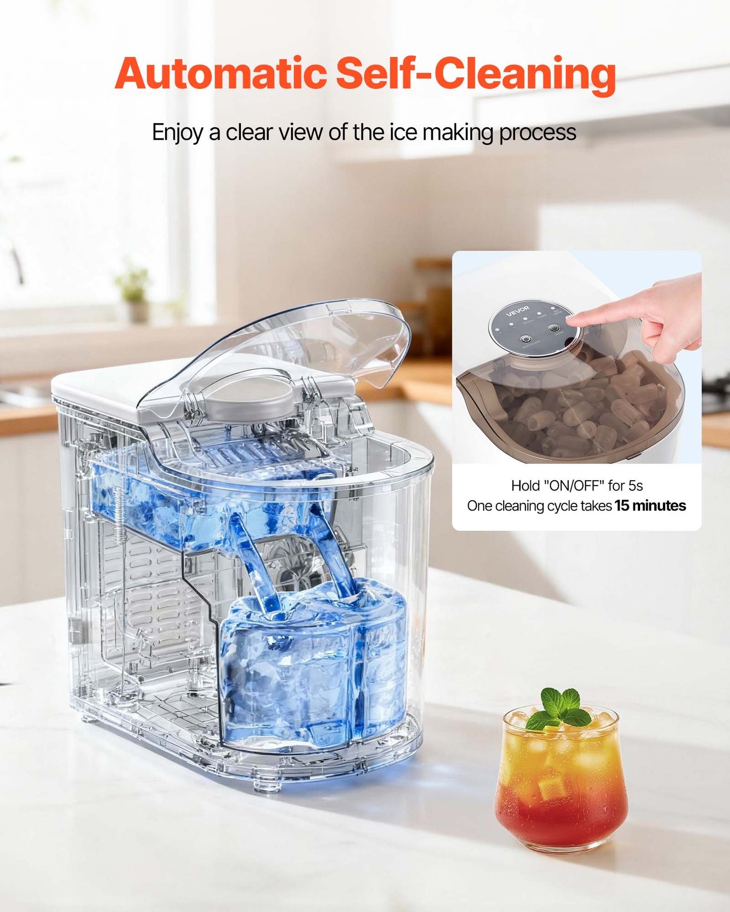 Countertop Ice Maker, 7 Cubes Ready in 6 Mins, 26 lbs per Day, Self-Cleaning Portable Machine with Ice Scoop, Ice-Making Machine with 2 Sizes Bullet Ices for Home, Kitchen, Office, Bar & Party