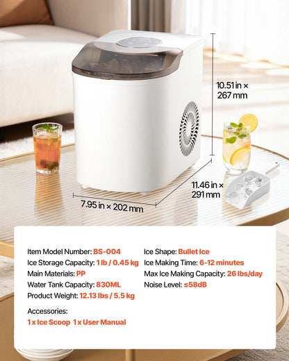 Countertop Ice Maker, 7 Cubes Ready in 6 Mins, 26 lbs per Day, Self-Cleaning Portable Machine with Ice Scoop, Ice-Making Machine with 2 Sizes Bullet Ices for Home, Kitchen, Office, Bar & Party