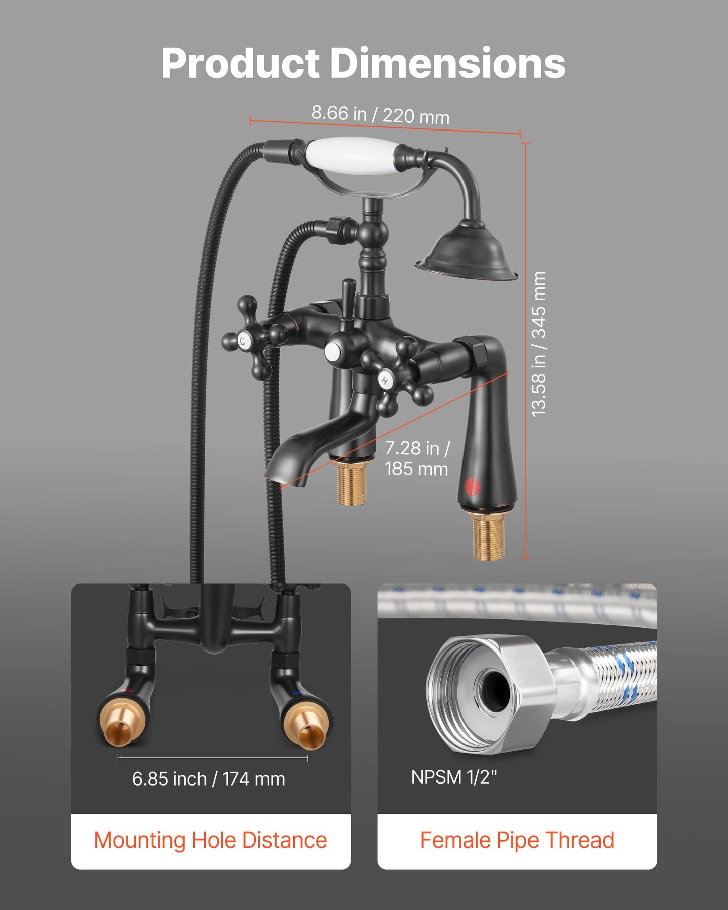 Clawfoot Tub Faucet, Deck Mount Bathtub Faucets with Handheld Shower, Vintage Oil-Rubbed Bronze Clawfoot Tub Filler Faucet Shower Kit with 360° Rotation Spout & 59-inch Long Hose for Bathtubs