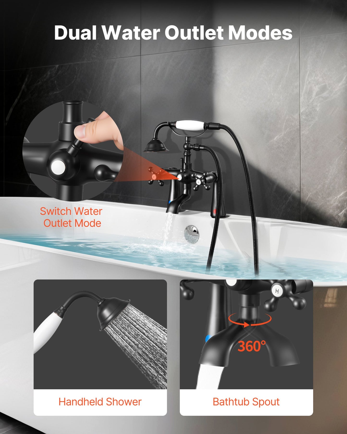 Clawfoot Tub Faucet, Deck Mount Bathtub Faucets with Handheld Shower, Vintage Oil-Rubbed Bronze Clawfoot Tub Filler Faucet Shower Kit with 360° Rotation Spout & 59-inch Long Hose for Bathtubs
