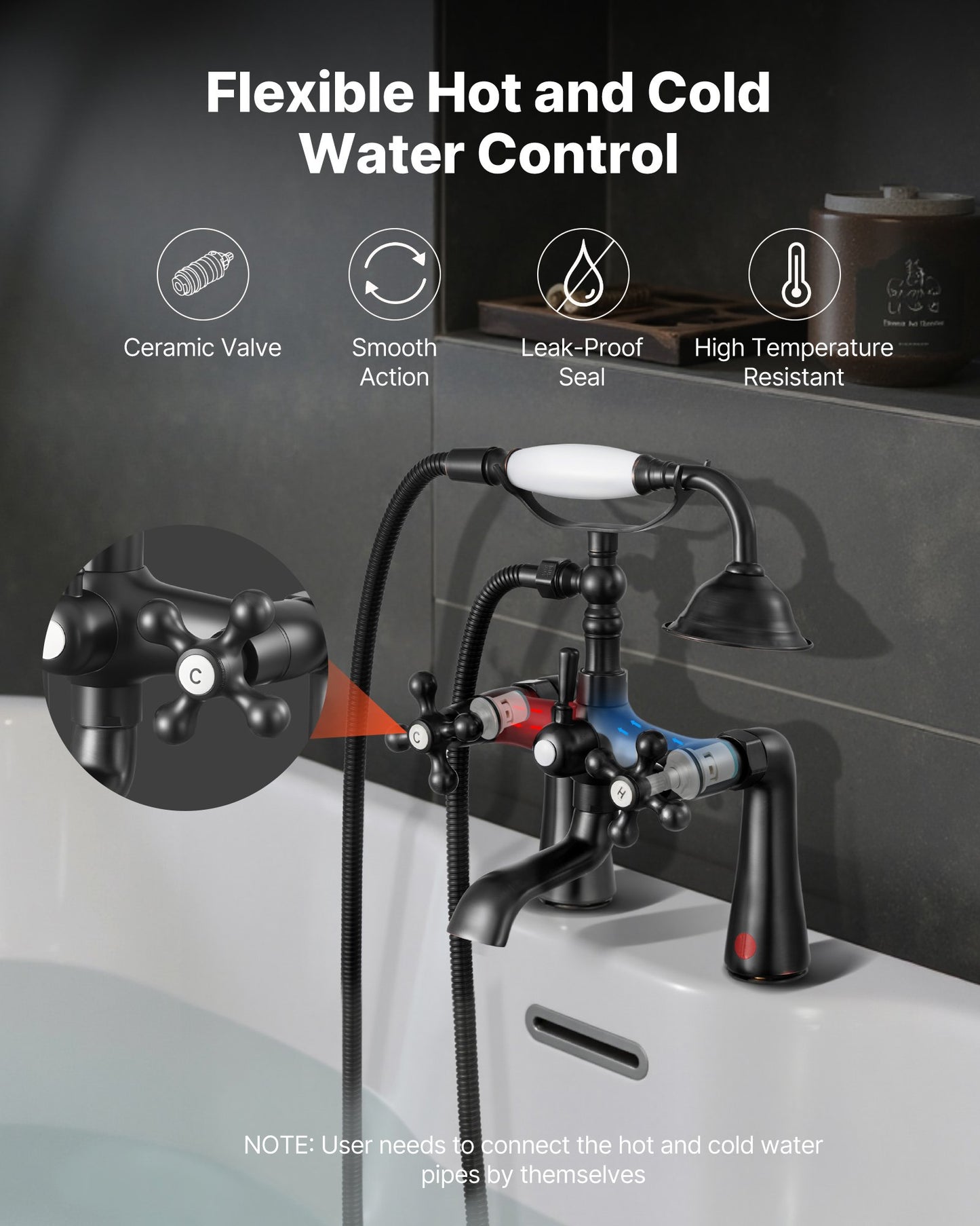 Clawfoot Tub Faucet, Deck Mount Bathtub Faucets with Handheld Shower, Vintage Oil-Rubbed Bronze Clawfoot Tub Filler Faucet Shower Kit with 360° Rotation Spout & 59-inch Long Hose for Bathtubs