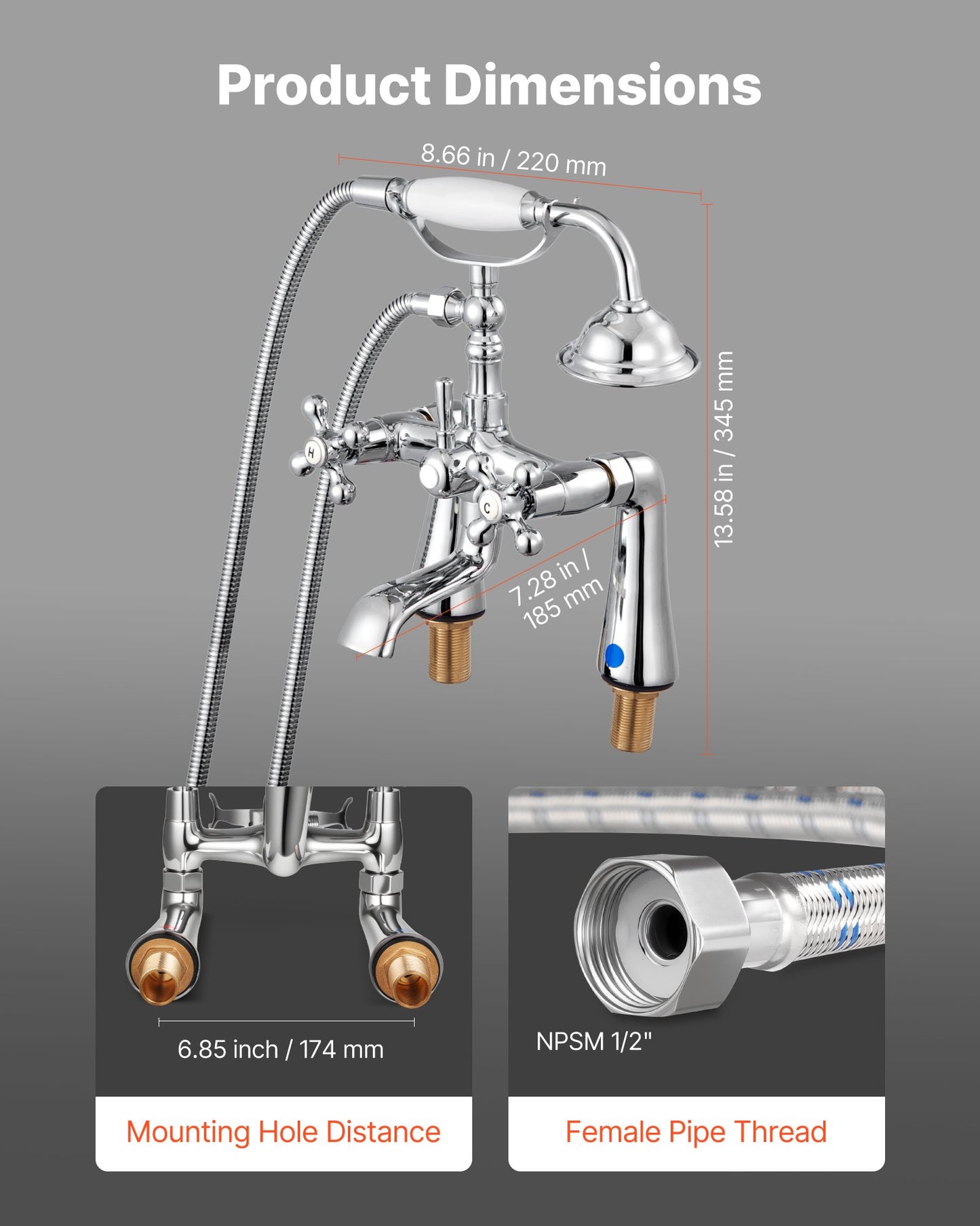 Clawfoot Tub Faucet, Deck Mount Bathtub Faucets with Handheld Shower, Vintage Polished Chrome Clawfoot Tub Filler Faucet Shower Kit with 360° Rotation Spout & 59-inch Long Hose for Bathtubs