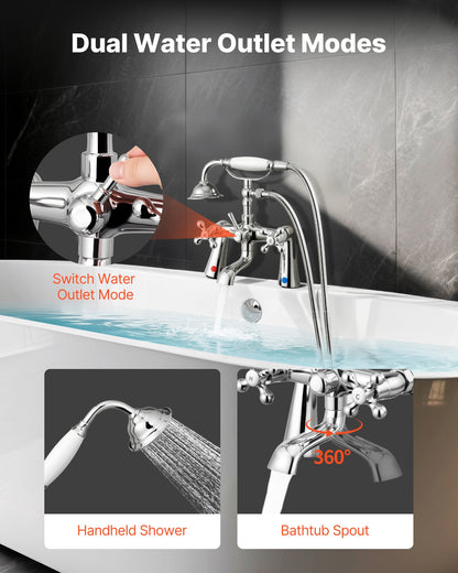 Clawfoot Tub Faucet, Deck Mount Bathtub Faucets with Handheld Shower, Vintage Polished Chrome Clawfoot Tub Filler Faucet Shower Kit with 360° Rotation Spout & 59-inch Long Hose for Bathtubs