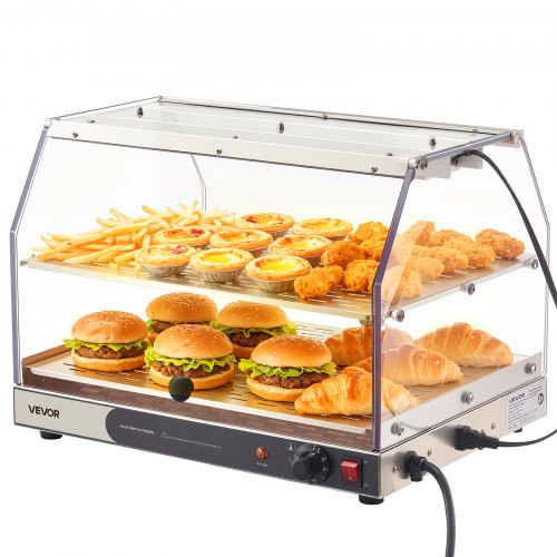 2-Tier Commercial Food Warmer Display, 450W Food Display Warmer with Light, Detachable Shelves and Double-Sided Door Design, 85℉~185℉ Air Heating, 48L for Hamburger, Pizza, Bread, Fried Chicken