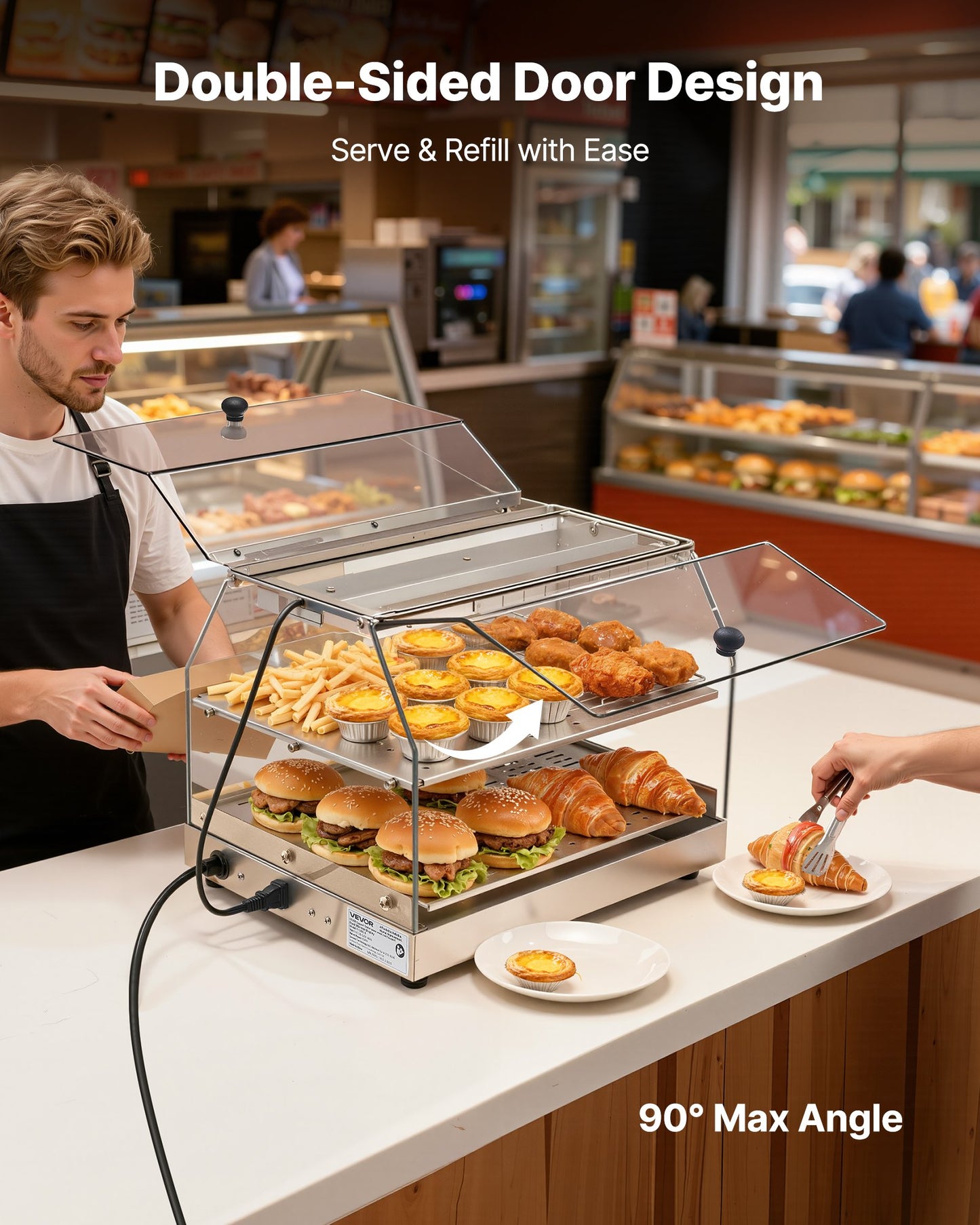 2-Tier Commercial Food Warmer Display, 450W Food Display Warmer with Light, Detachable Shelves and Double-Sided Door Design, 85℉~185℉ Air Heating, 48L for Hamburger, Pizza, Bread, Fried Chicken