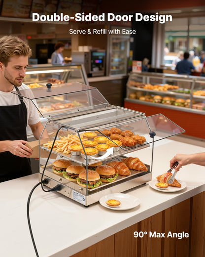 2-Tier Commercial Food Warmer Display, 450W Food Display Warmer with Light, Detachable Shelves and Double-Sided Door Design, 85℉~185℉ Air Heating, 48L for Hamburger, Pizza, Bread, Fried Chicken