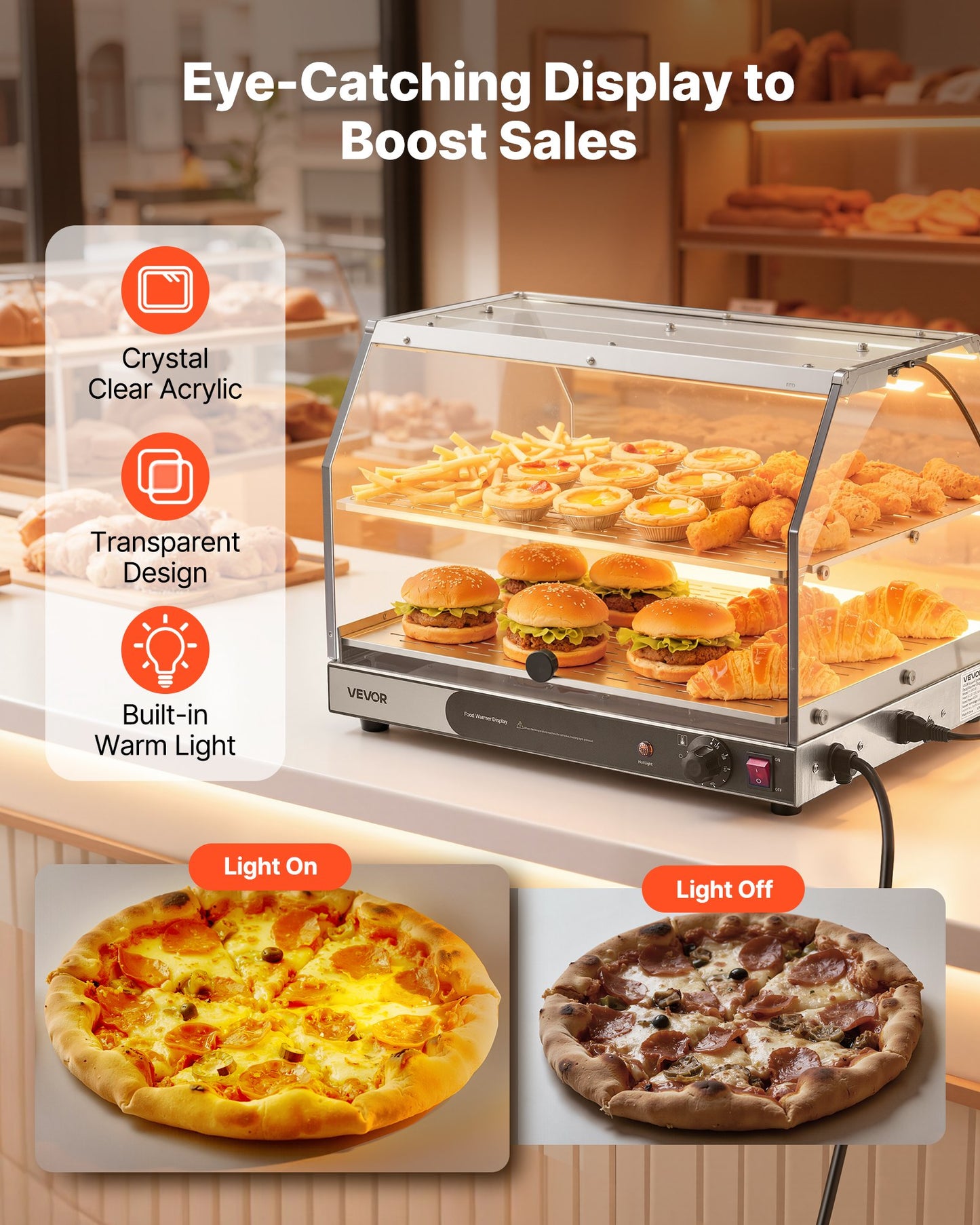 2-Tier Commercial Food Warmer Display, 450W Food Display Warmer with Light, Detachable Shelves and Double-Sided Door Design, 85℉~185℉ Air Heating, 48L for Hamburger, Pizza, Bread, Fried Chicken