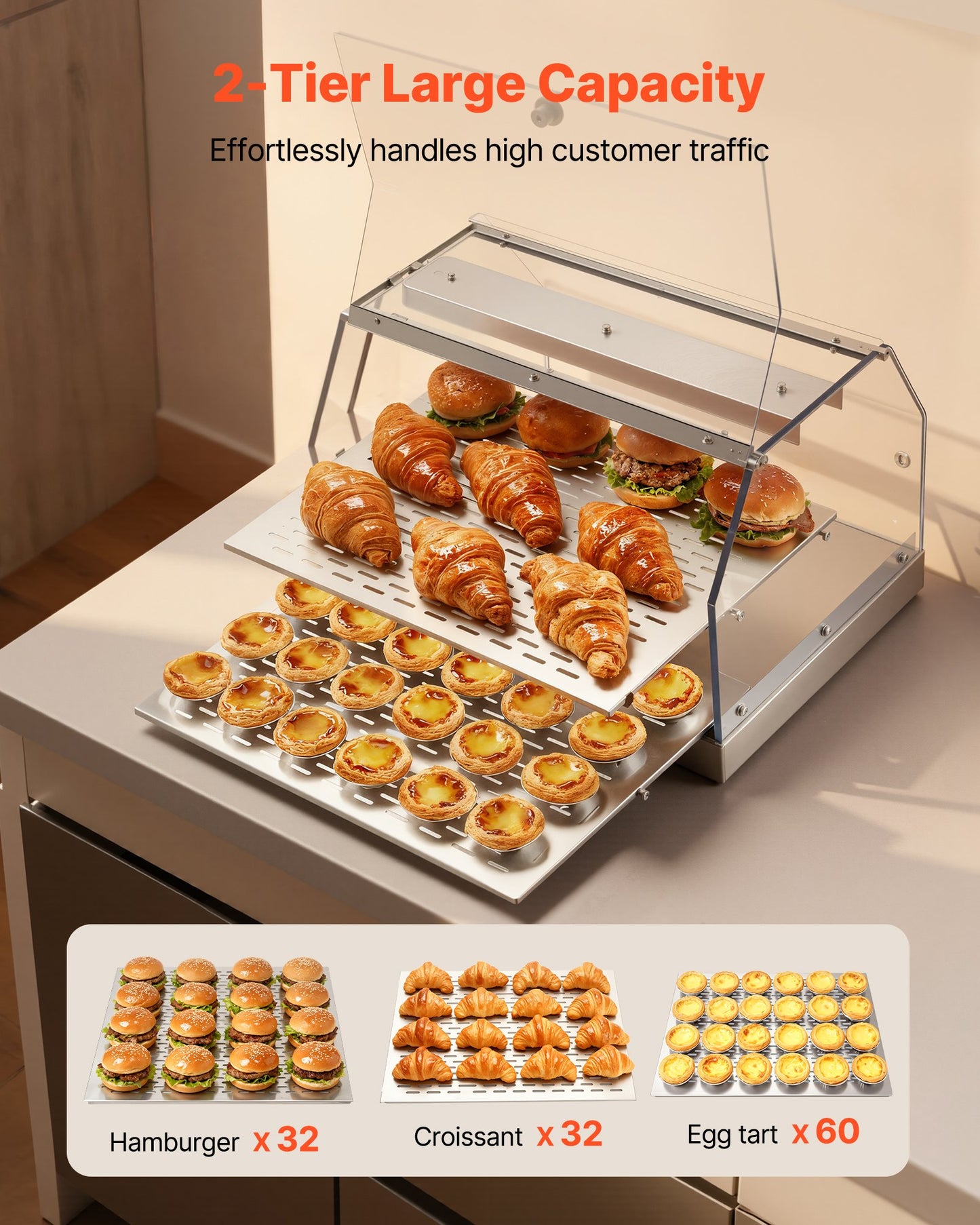 2-Tier Commercial Food Warmer Display, 450W Food Display Warmer with Light, Detachable Shelves and Double-Sided Door Design, 85℉~185℉ Air Heating, 48L for Hamburger, Pizza, Bread, Fried Chicken
