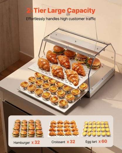 2-Tier Commercial Food Warmer Display, 450W Food Display Warmer with Light, Detachable Shelves and Double-Sided Door Design, 85℉~185℉ Air Heating, 48L for Hamburger, Pizza, Bread, Fried Chicken