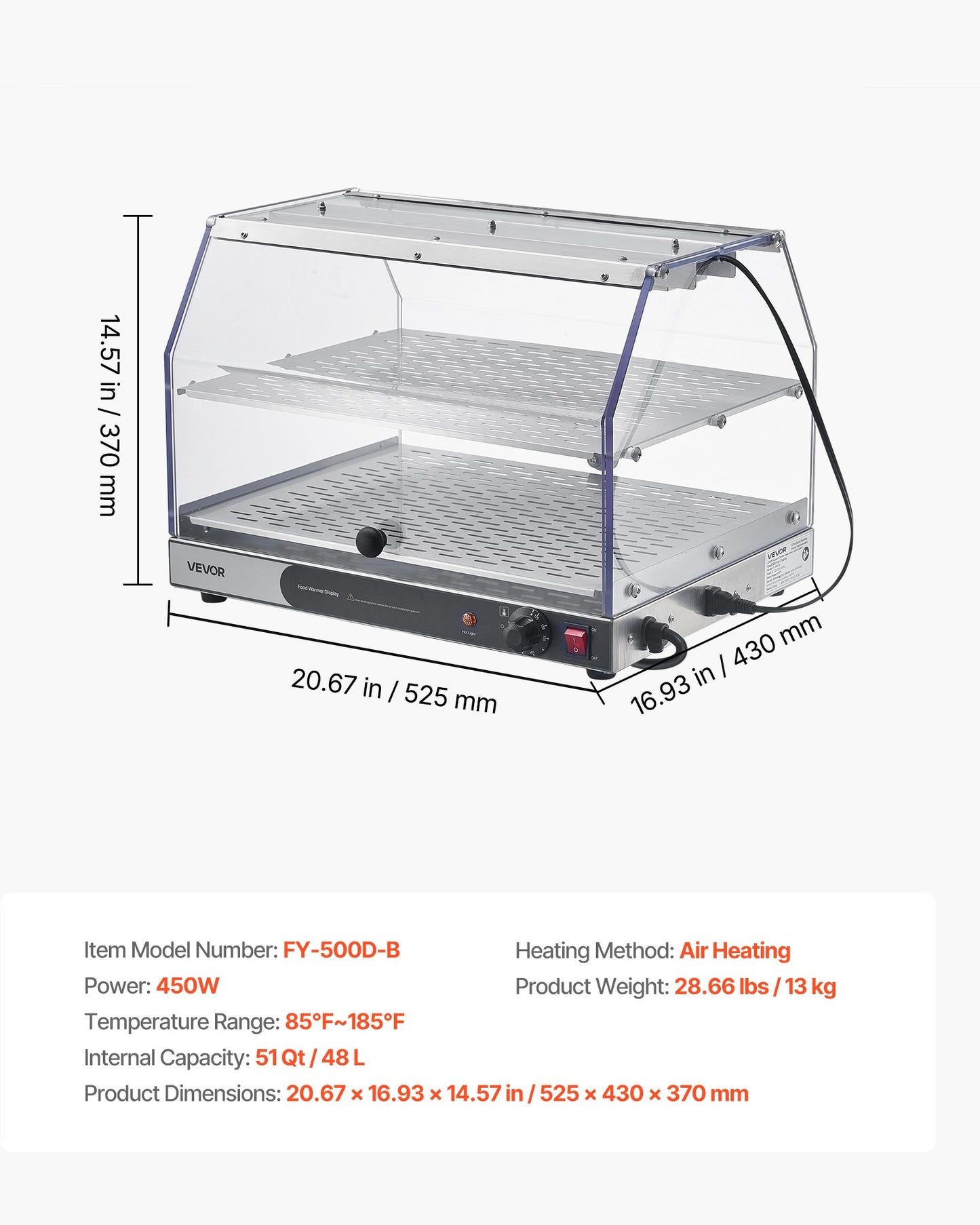2-Tier Commercial Food Warmer Display, 450W Food Display Warmer with Light, Detachable Shelves and Double-Sided Door Design, 85℉~185℉ Air Heating, 48L for Hamburger, Pizza, Bread, Fried Chicken