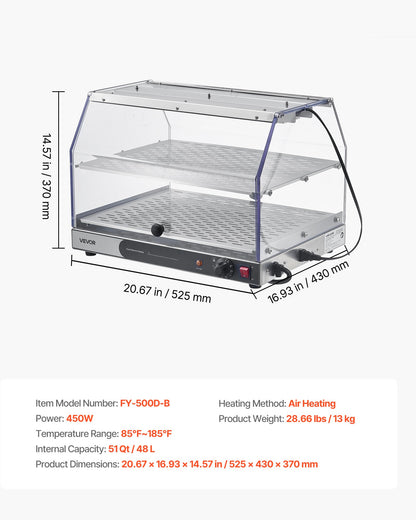2-Tier Commercial Food Warmer Display, 450W Food Display Warmer with Light, Detachable Shelves and Double-Sided Door Design, 85℉~185℉ Air Heating, 48L for Hamburger, Pizza, Bread, Fried Chicken