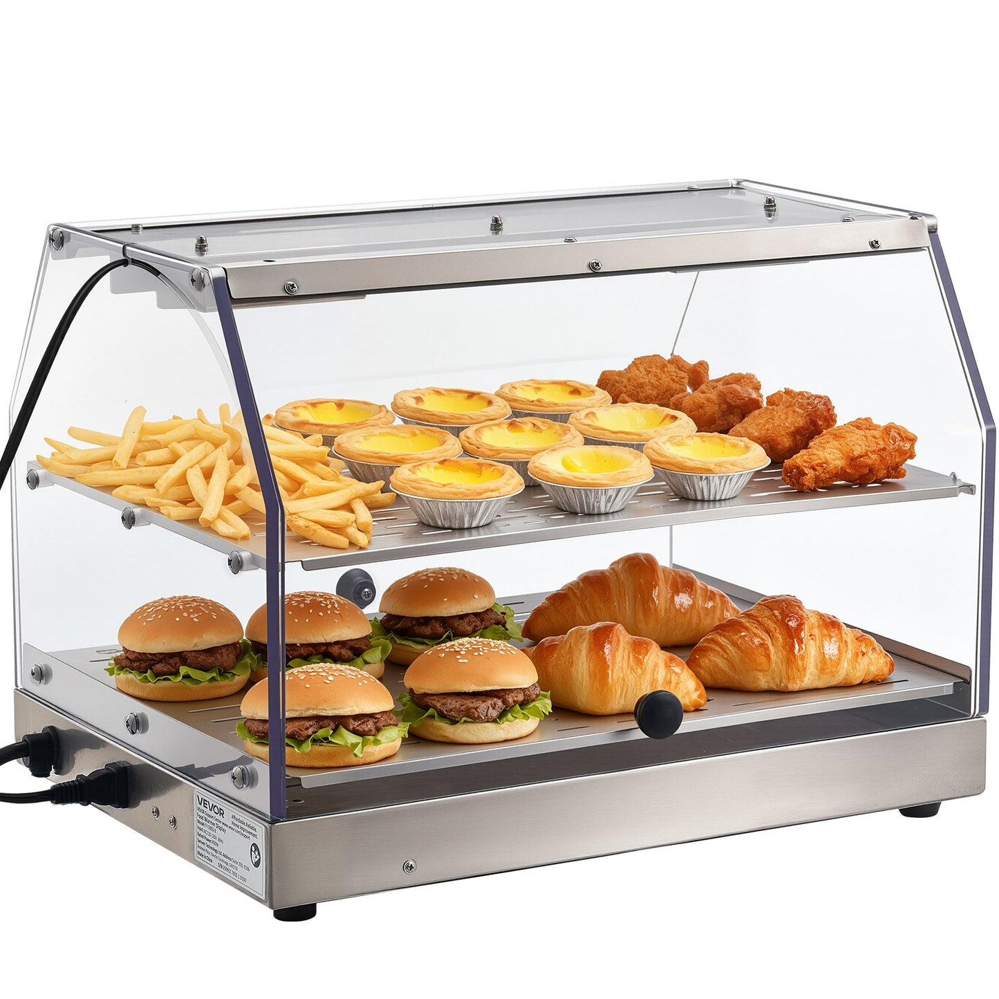 2-Tier Commercial Food Warmer Display, 450W Food Display Warmer with Light, Detachable Shelves and Double-Sided Door Design, 85℉~185℉ Air Heating, 48L for Hamburger, Pizza, Bread, Fried Chicken