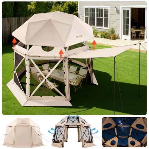 Pop up Gazebo Screen Tent, 12 x 12 ft, 13-Sided Spherical Camping Canopy Tent with Removable Top & Carry Bag, Quick-Set & Bite-Proof, Screen House Sun Shelter for 8-10 Persons, Beige
