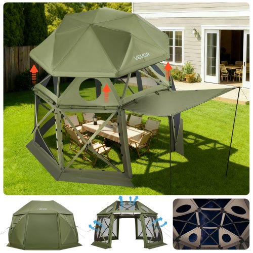 Pop up Gazebo Screen Tent, 13 x 13 ft, 13-Sided Spherical Camping Canopy Tent with Removable Top & Carry Bag, Quick-Set & Bite-Proof, Screen House Sun Shelter for 10-12 Persons, Green