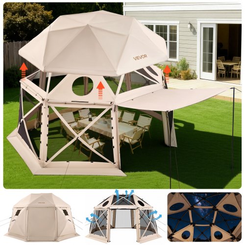 Pop up Gazebo Screen Tent, 15 x 15 ft, 13-Sided Spherical Camping Canopy Tent with Removable Top & Carry Bag, Quick-Set & Bite-Proof, Screen House Sun Shelter for 12-15 Persons, Beige