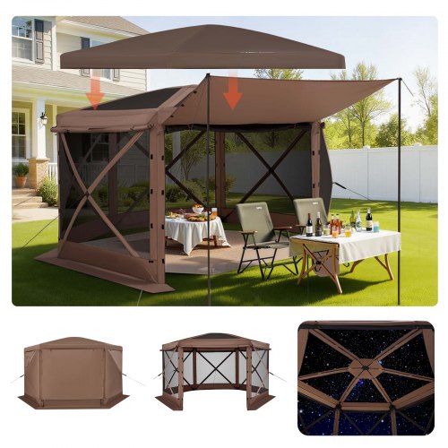 Pop up Gazebo Screen Tent, 12 x 12 ft Large 6-Sided Camping Canopy Tent with Removable Top & Carry Bag, Quick-Set & Bite-Proof, Screen House Sun Shelter for 8-10 Persons Backyard Patio, Brown