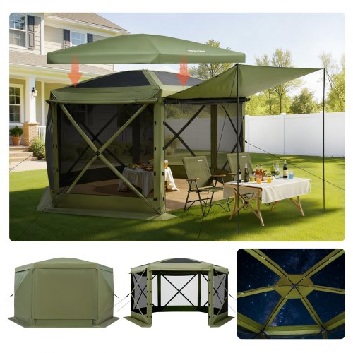 Pop up Gazebo Screen Tent, 12 x 12 ft Large 6-Sided Camping Canopy Tent with Removable Top & Carry Bag, Quick-Set & Bite-Proof, Screen House Sun Shelter for 8-10 Persons Backyard Patio, Green