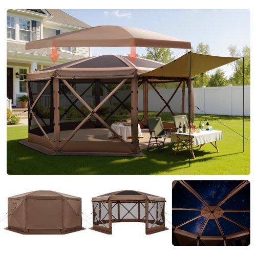 Pop up Gazebo Screen Tent, 15 x 15 ft Large 8-Sided Camping Canopy Tent with Removable Top & Carry Bag, Quick-Set & Bite-Proof, Screen House Sun Shelter for 12-15 Persons Backyard Patio, Brown