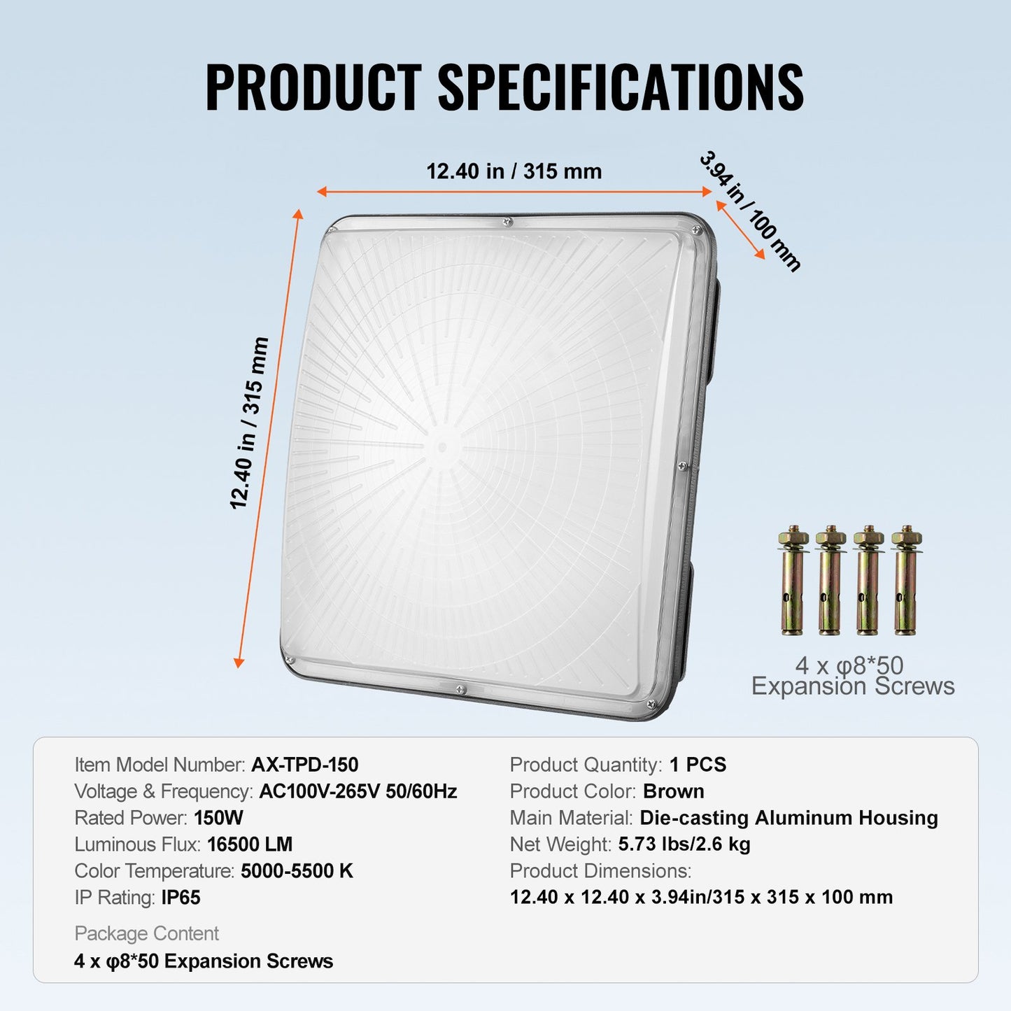 LED-Überdachungsleuchte, 150 W, 16500 lm, 5000 K, Tageslicht, Außenüberdachungsbeleuchtung, IP65