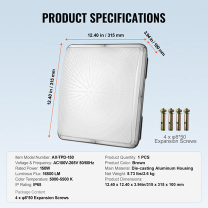 LED-Überdachungsleuchte, 150 W, 16500 lm, 5000 K, Tageslicht, Außenüberdachungsbeleuchtung, IP65