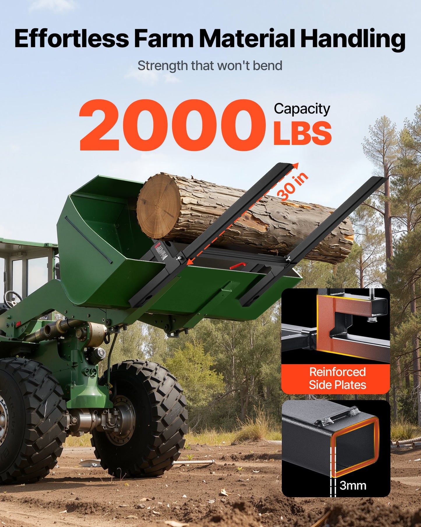 Pallet Forks, 2000 lbs Clamp on Pallet Forks, 43-Inch Total Length Heavy-Duty Tractor Fork with Adjustable Stabilizer Bar for Tractor Attachments, Loader Bucket, and Skid Steer, Black