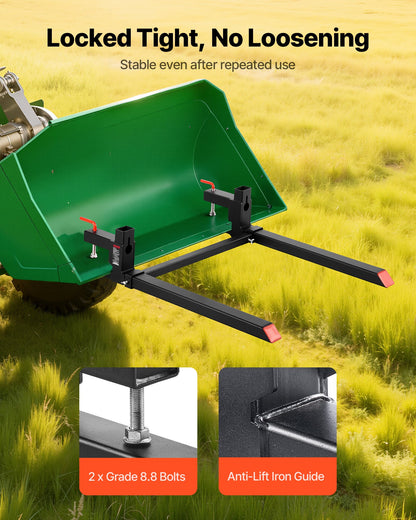 Pallet Forks, 2000 lbs Clamp on Pallet Forks, 43-Inch Total Length Heavy-Duty Tractor Fork with Adjustable Stabilizer Bar for Tractor Attachments, Loader Bucket, and Skid Steer, Black