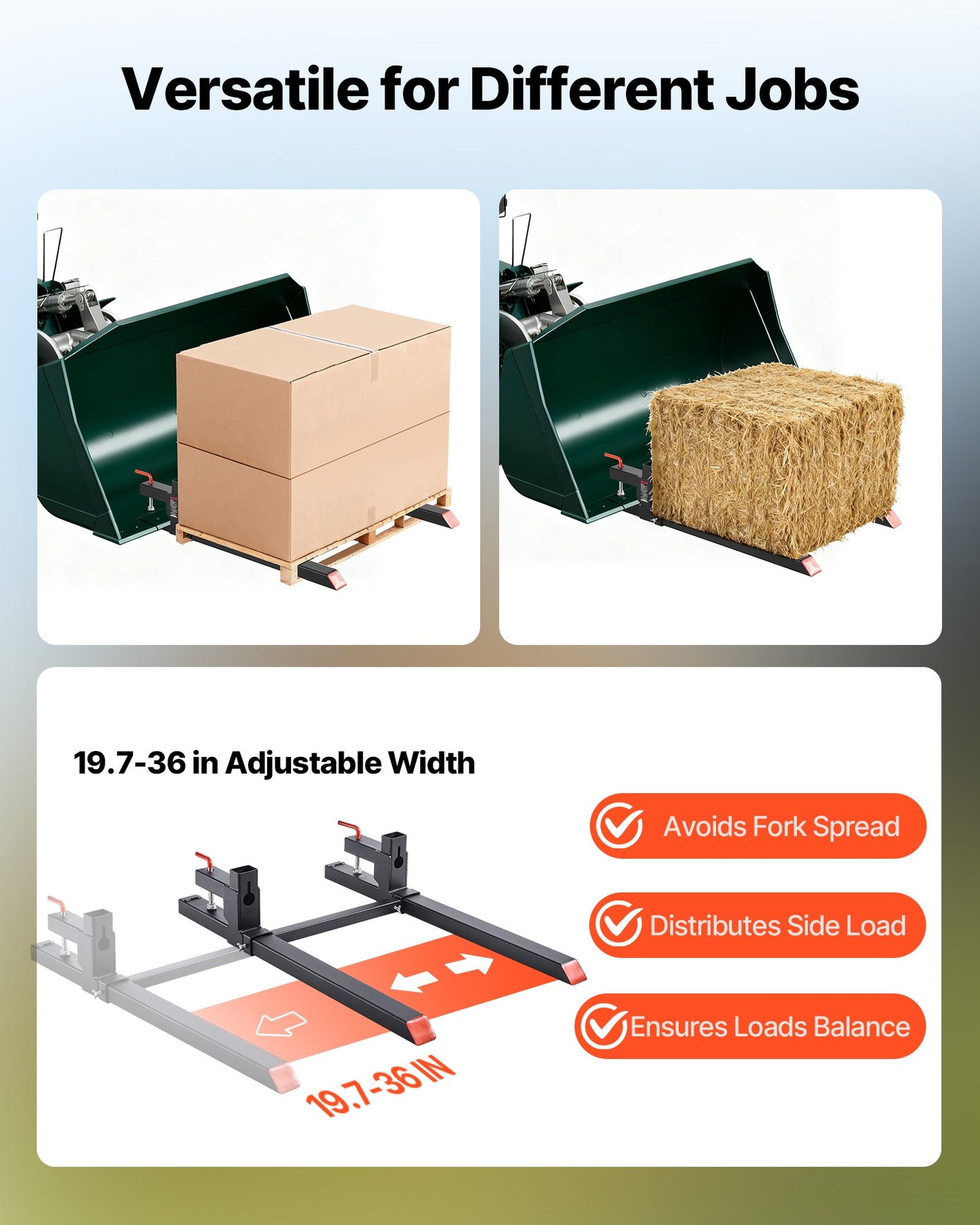 Pallet Forks, 2000 lbs Clamp on Pallet Forks, 43-Inch Total Length Heavy-Duty Tractor Fork with Adjustable Stabilizer Bar for Tractor Attachments, Loader Bucket, and Skid Steer, Black