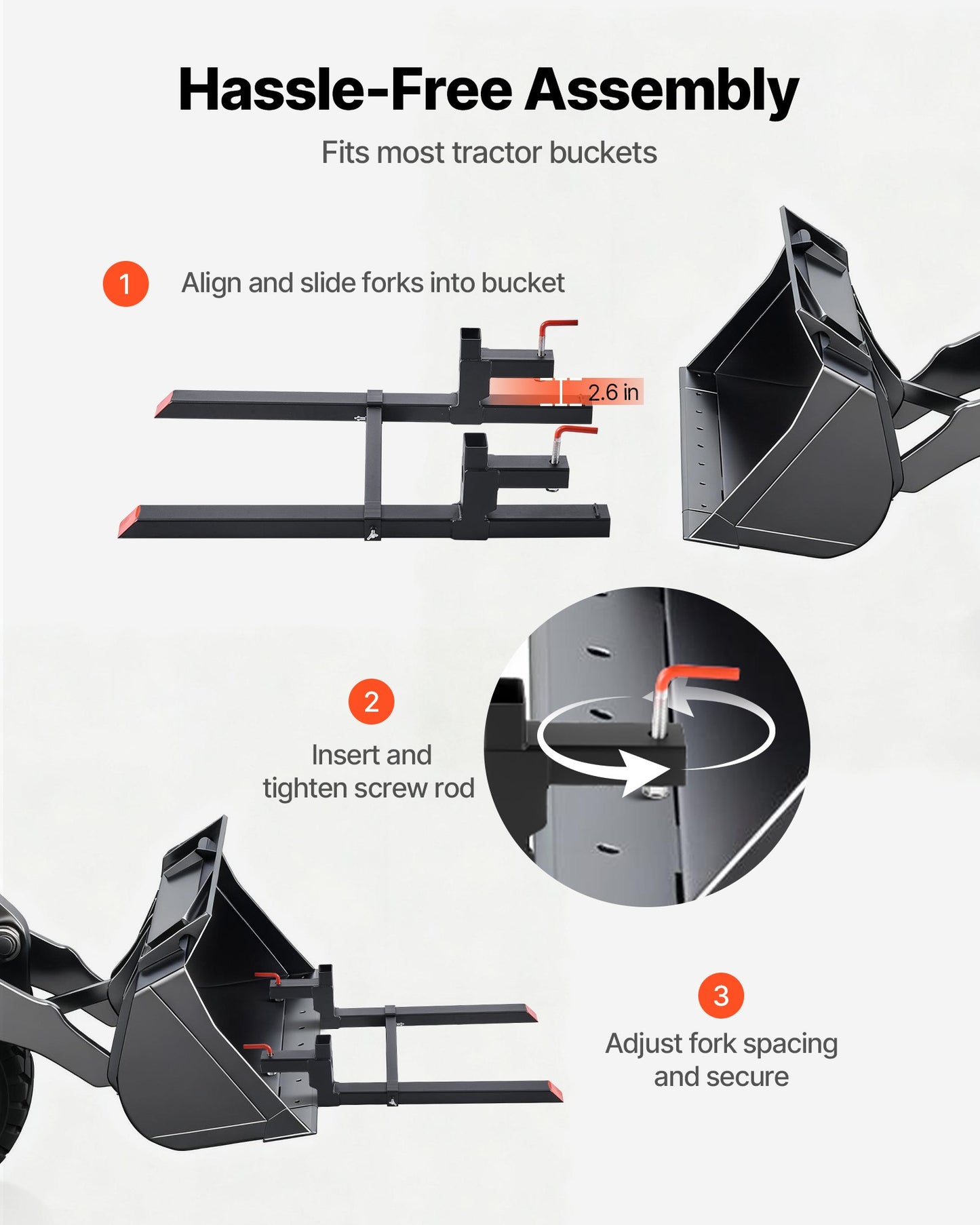 Pallet Forks, 2000 lbs Clamp on Pallet Forks, 43-Inch Total Length Heavy-Duty Tractor Fork with Adjustable Stabilizer Bar for Tractor Attachments, Loader Bucket, and Skid Steer, Black