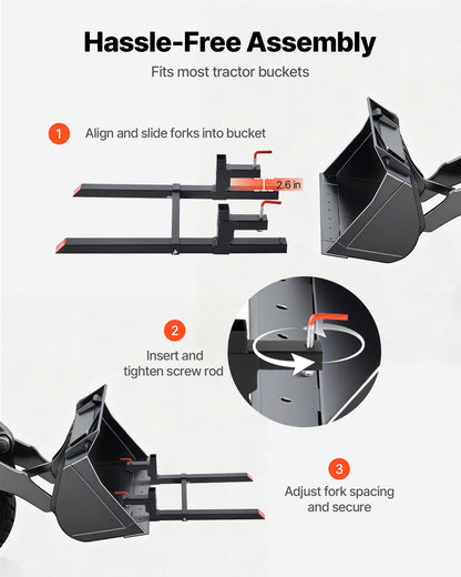 Pallet Forks, 2000 lbs Clamp on Pallet Forks, 43-Inch Total Length Heavy-Duty Tractor Fork with Adjustable Stabilizer Bar for Tractor Attachments, Loader Bucket, and Skid Steer, Black