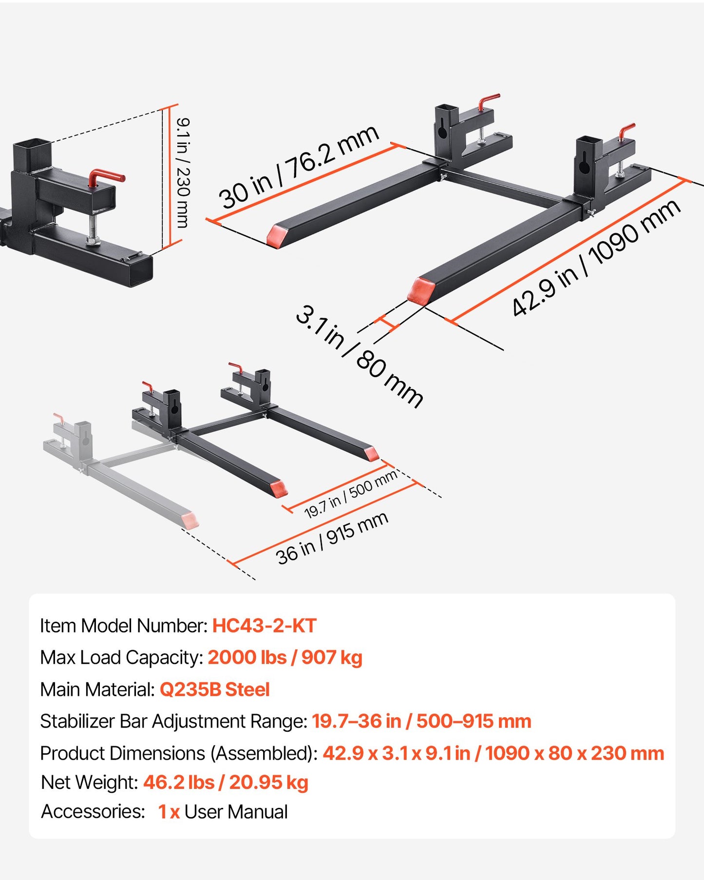 Pallet Forks, 2000 lbs Clamp on Pallet Forks, 43-Inch Total Length Heavy-Duty Tractor Fork with Adjustable Stabilizer Bar for Tractor Attachments, Loader Bucket, and Skid Steer, Black