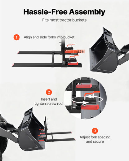 Pallet Forks, 4000 lbs Clamp on Pallet Forks, 60-Inch Total Length Heavy-Duty Tractor Fork with Anti-Tilt Bar & Adjustable Stabilizer Bar, Fit for Loader Bucket Skid Steer Tractor, Black