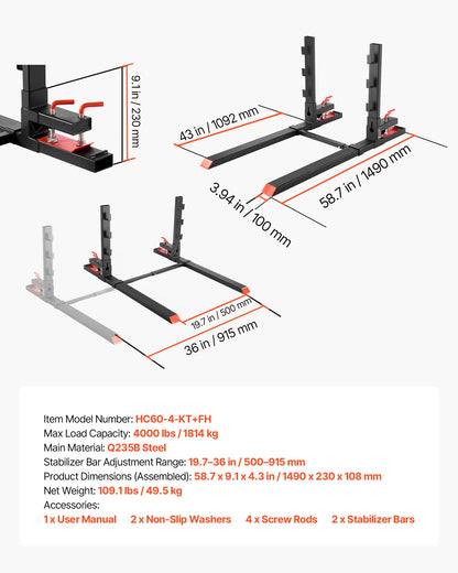 Pallet Forks, 4000 lbs Clamp on Pallet Forks, 60-Inch Total Length Heavy-Duty Tractor Fork with Anti-Tilt Bar & Adjustable Stabilizer Bar, Fit for Loader Bucket Skid Steer Tractor, Black