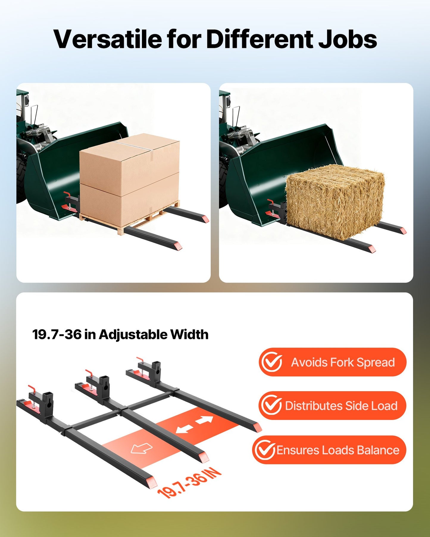 Pallet Forks, 2000 lbs Clamp on Pallet Forks, 60-Inch Total Length Heavy-Duty Tractor Fork with Adjustable Stabilizer Bar for Tractor Attachments, Loader Bucket, and Skid Steer, Black