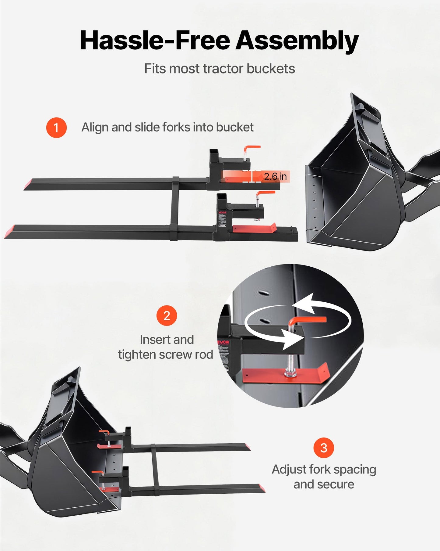 Pallet Forks, 2000 lbs Clamp on Pallet Forks, 60-Inch Total Length Heavy-Duty Tractor Fork with Adjustable Stabilizer Bar for Tractor Attachments, Loader Bucket, and Skid Steer, Black