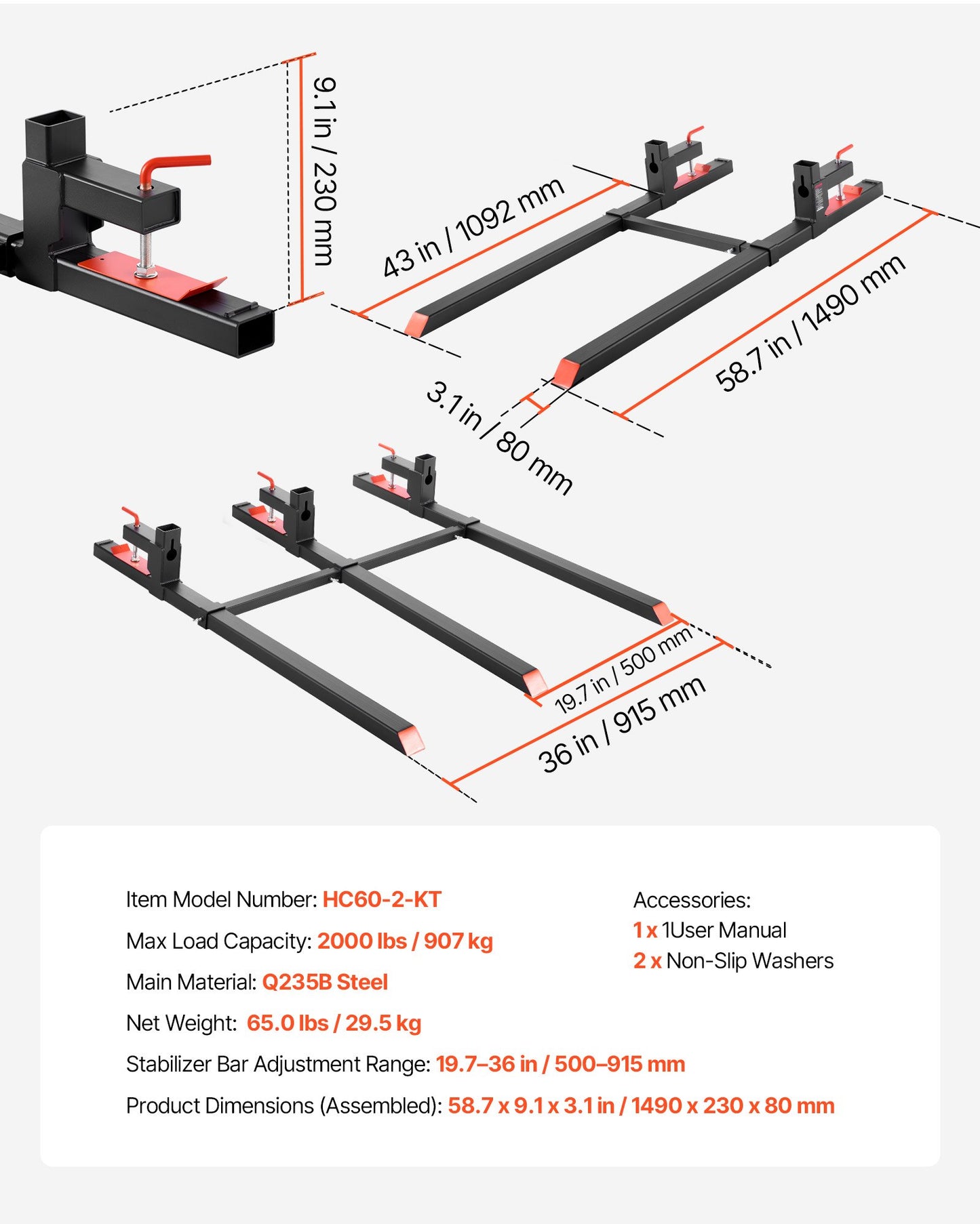 Pallet Forks, 2000 lbs Clamp on Pallet Forks, 60-Inch Total Length Heavy-Duty Tractor Fork with Adjustable Stabilizer Bar for Tractor Attachments, Loader Bucket, and Skid Steer, Black