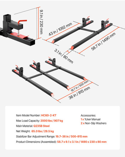 Pallet Forks, 2000 lbs Clamp on Pallet Forks, 60-Inch Total Length Heavy-Duty Tractor Fork with Adjustable Stabilizer Bar for Tractor Attachments, Loader Bucket, and Skid Steer, Black