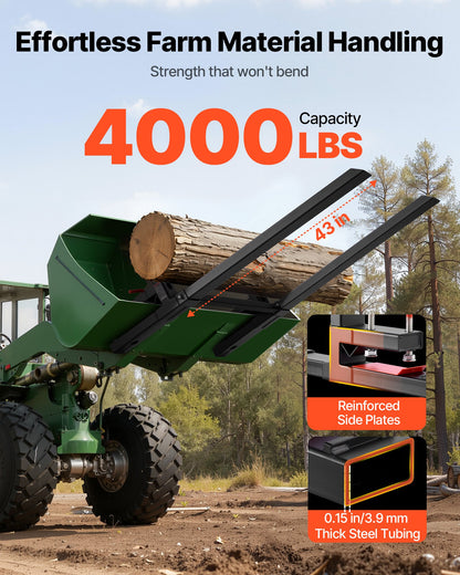 Pallet Forks, 4000 lbs Clamp on Pallet Forks, 60-Inch Total Length Heavy-Duty Tractor Fork with Adjustable Stabilizer Bar for Tractor Attachments, Loader Bucket, and Skid Steer, Black