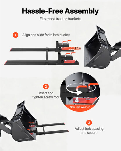 Pallet Forks, 4000 lbs Clamp on Pallet Forks, 60-Inch Total Length Heavy-Duty Tractor Fork with Adjustable Stabilizer Bar for Tractor Attachments, Loader Bucket, and Skid Steer, Black