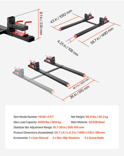 Pallet Forks, 4000 lbs Clamp on Pallet Forks, 60-Inch Total Length Heavy-Duty Tractor Fork with Adjustable Stabilizer Bar for Tractor Attachments, Loader Bucket, and Skid Steer, Black