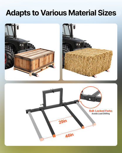 3 Point Hitch Pallet Forks, 1500 lbs Clamp on Pallet Forks, 50-Inch Total Length Heavy-Duty Tractor Fork with 28.9-46 Inch Adjustable Fork Width, Quick Hitch Attachments for Category 1 Tractors