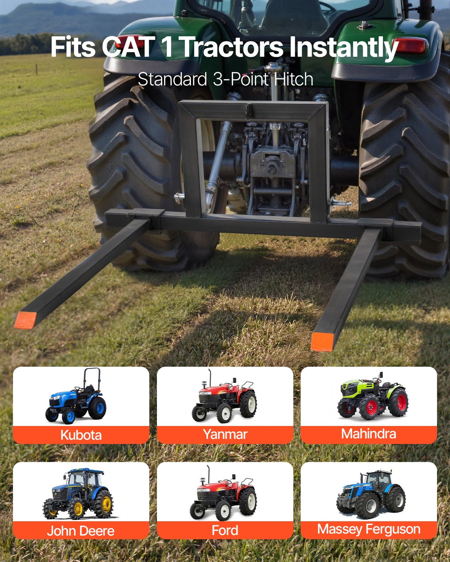 3 Point Hitch Pallet Forks, 1500 lbs Clamp on Pallet Forks, 50-Inch Total Length Heavy-Duty Tractor Fork with 28.9-46 Inch Adjustable Fork Width, Quick Hitch Attachments for Category 1 Tractors