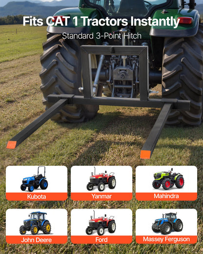 3 Point Hitch Pallet Forks, 1500 lbs Clamp on Pallet Forks, 50-Inch Total Length Heavy-Duty Tractor Fork with 28.9-46 Inch Adjustable Fork Width, Quick Hitch Attachments for Category 1 Tractors