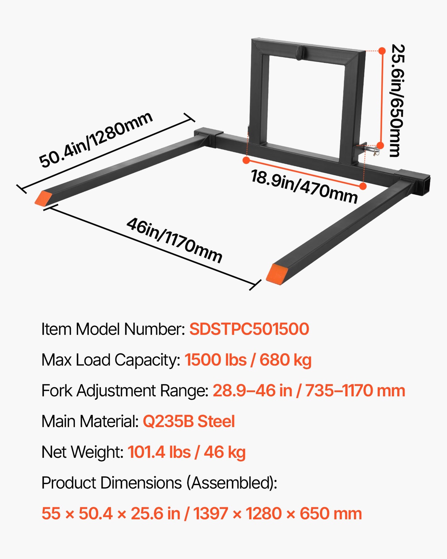 3 Point Hitch Pallet Forks, 1500 lbs Clamp on Pallet Forks, 50-Inch Total Length Heavy-Duty Tractor Fork with 28.9-46 Inch Adjustable Fork Width, Quick Hitch Attachments for Category 1 Tractors