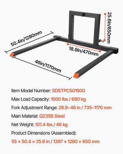 3 Point Hitch Pallet Forks, 1500 lbs Clamp on Pallet Forks, 50-Inch Total Length Heavy-Duty Tractor Fork with 28.9-46 Inch Adjustable Fork Width, Quick Hitch Attachments for Category 1 Tractors