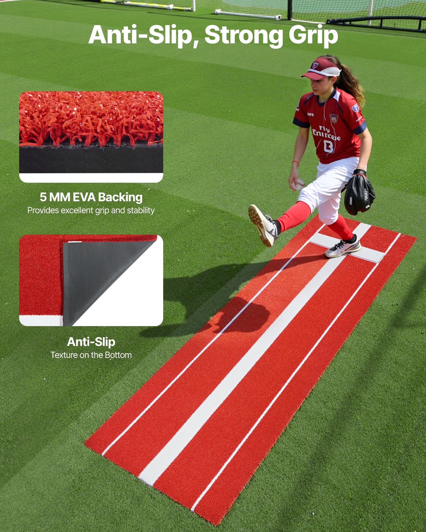 Softball Pitching Mat, 10x3 ft Baseball Pitching Rubber Mound, Antifade Turf and Antislip Foam Backing Portable Training Aid, Fastpitch Equipment for Pitchers Indoor Outdoor Practice, Red