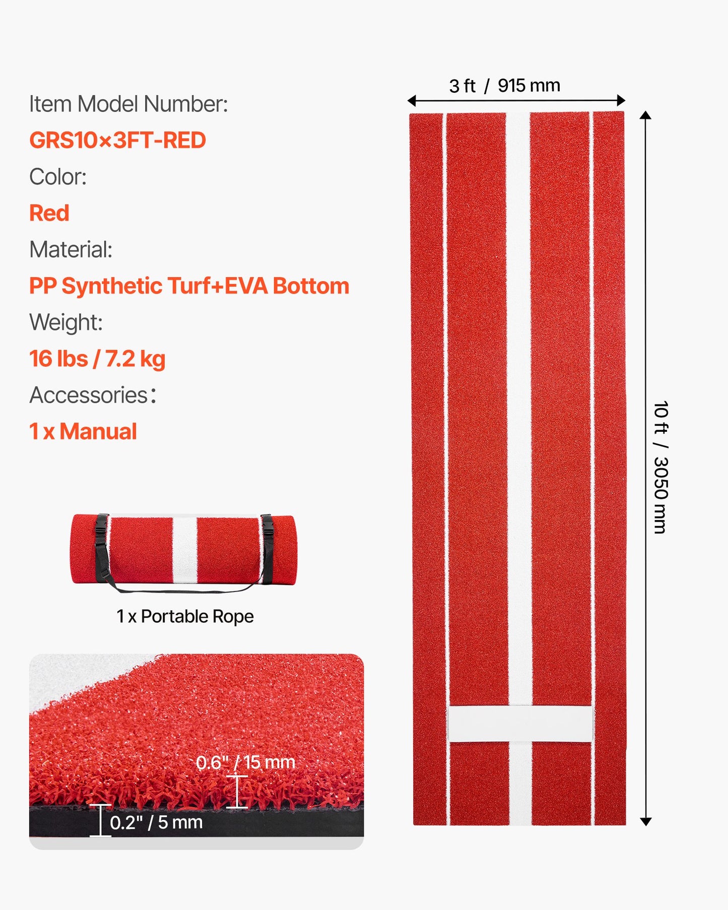 Softball Pitching Mat, 10x3 ft Baseball Pitching Rubber Mound, Antifade Turf and Antislip Foam Backing Portable Training Aid, Fastpitch Equipment for Pitchers Indoor Outdoor Practice, Red