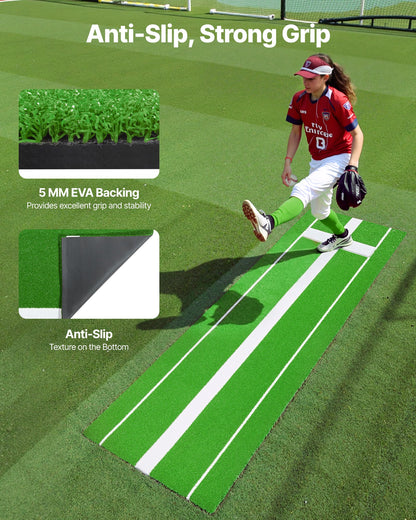 Softball Pitching Mat, 10x3 ft Baseball Pitching Rubber Mound, Antifade Turf and Antislip Foam Backing Portable Training Aid, Fastpitch Equipment for Pitchers Indoor Outdoor Practice, Green