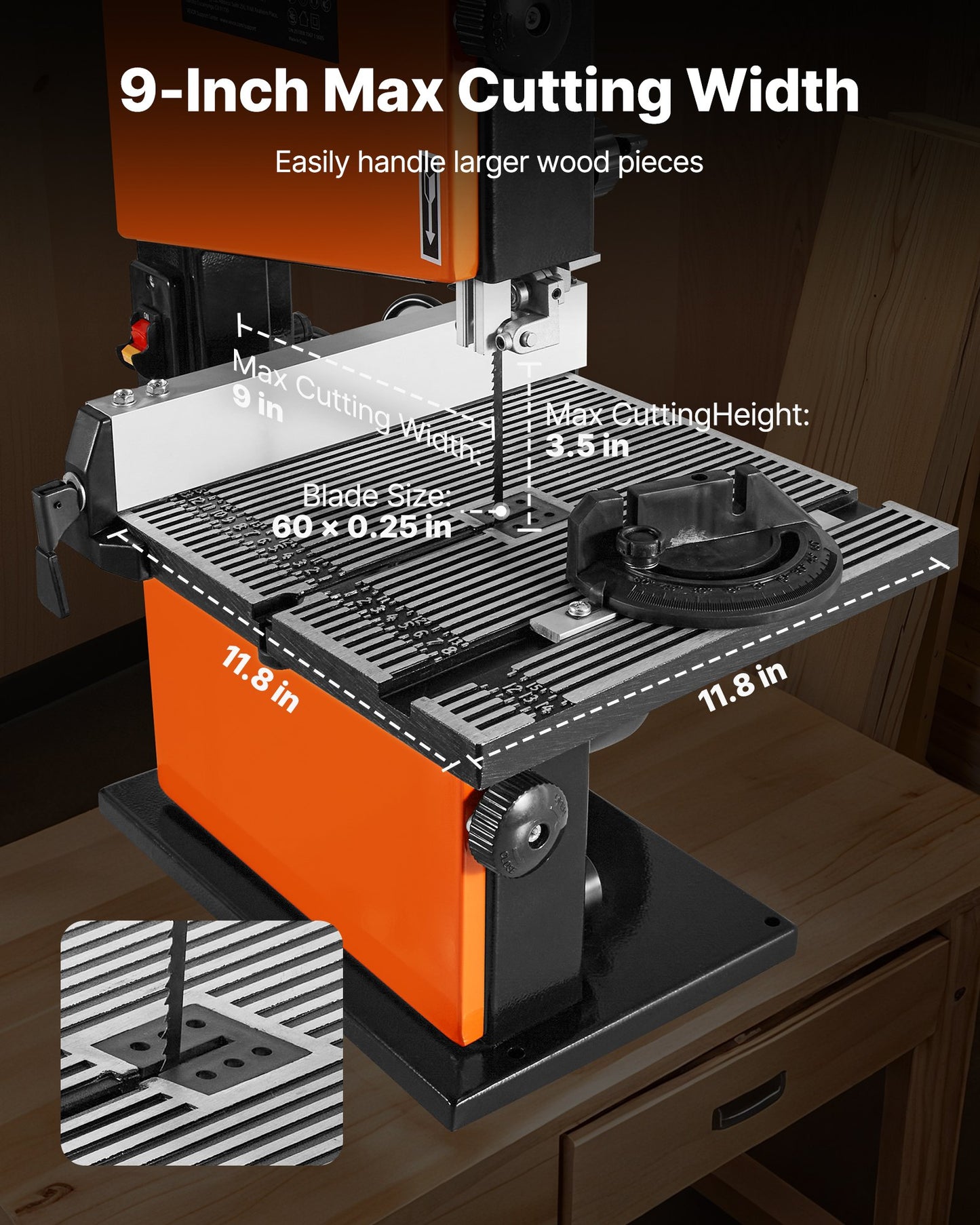 Band Saw, 9-Inch, Woodworking Benchtop Bandsaw with 1/2 HP Motor, 3.5-Inch Max Cutting Height, 11.8 x 11.8 in Cast Aluminum Table, 0-45° Tilting Range, with Miter Gauge, Fence, for Woodworking