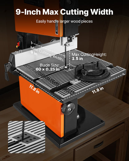 Band Saw, 9-Inch, Woodworking Benchtop Bandsaw with 1/2 HP Motor, 3.5-Inch Max Cutting Height, 11.8 x 11.8 in Cast Aluminum Table, 0-45° Tilting Range, with Miter Gauge, Fence, for Woodworking