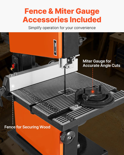 Band Saw, 9-Inch, Woodworking Benchtop Bandsaw with 1/2 HP Motor, 3.5-Inch Max Cutting Height, 11.8 x 11.8 in Cast Aluminum Table, 0-45° Tilting Range, with Miter Gauge, Fence, for Woodworking